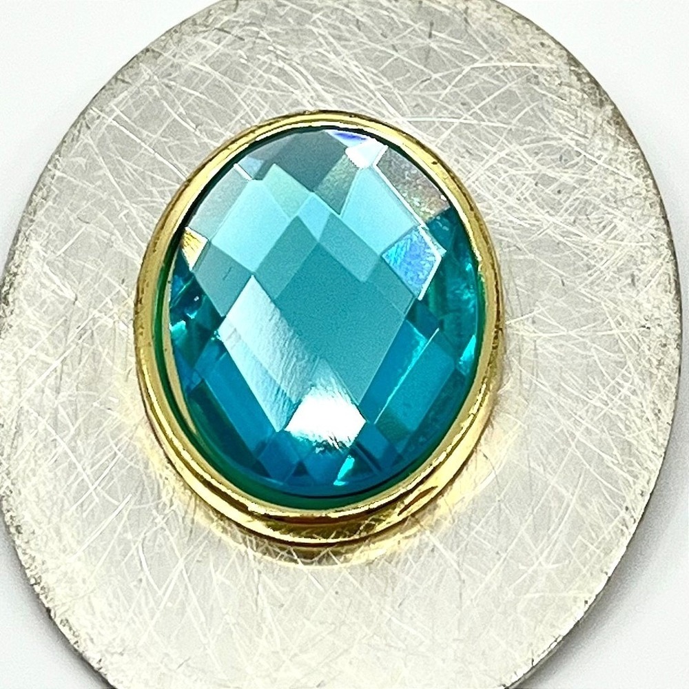 Vintage‎ Two Tone Mixed Metal Oval Aqua Blue Faceted Stone Pendant Classic
